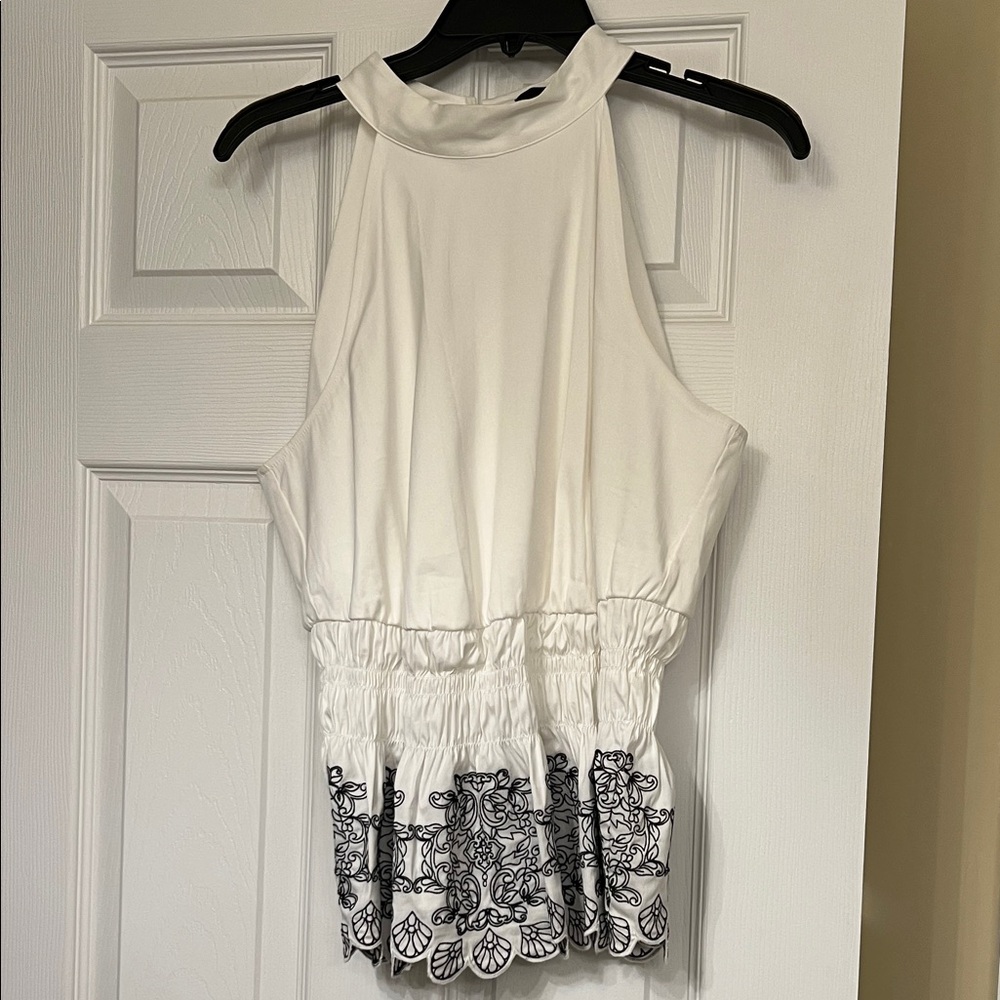 White House Black Market White Top with Black Embroidery